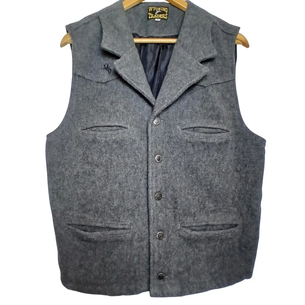 Wyoming Traders Men L Virgin Wool Gray Western Vest Cowboycore Ranch Classic USA